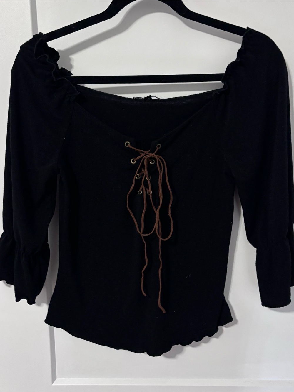 Black Lace-Up Peasant Top - Brand: Hot kiss